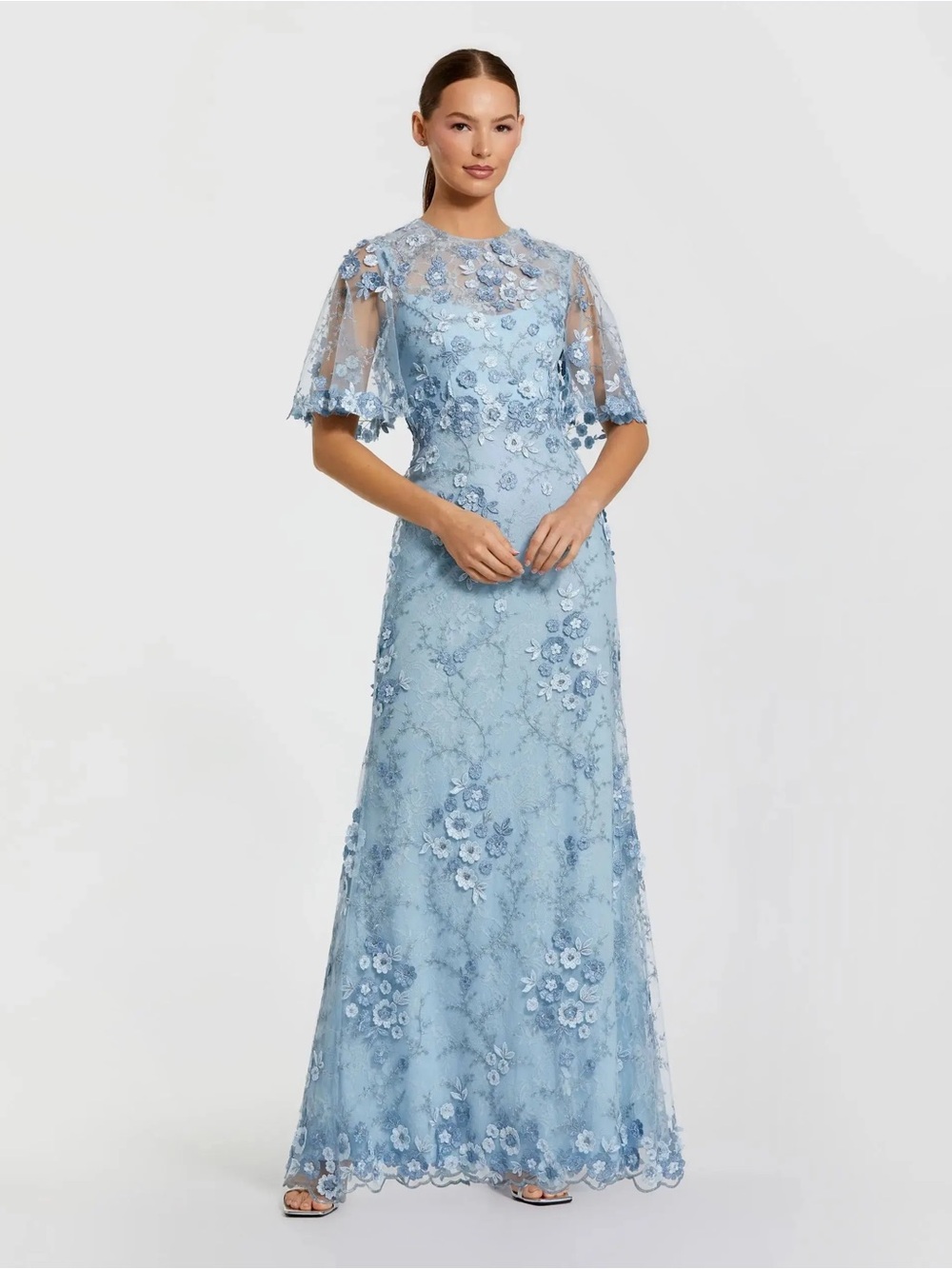 Mac Duggal 68810 Blue Flutter Sleeve Floral Embroidered Net Gown sz 10